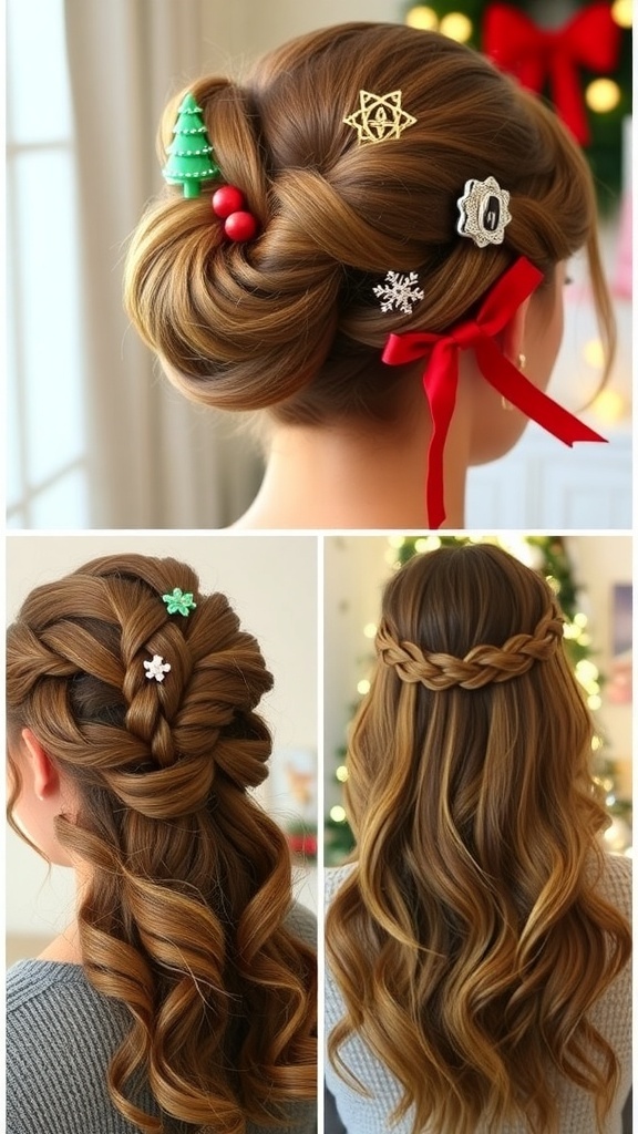 Collage of Christmas hairstyles: bun, braid, and loose waves.